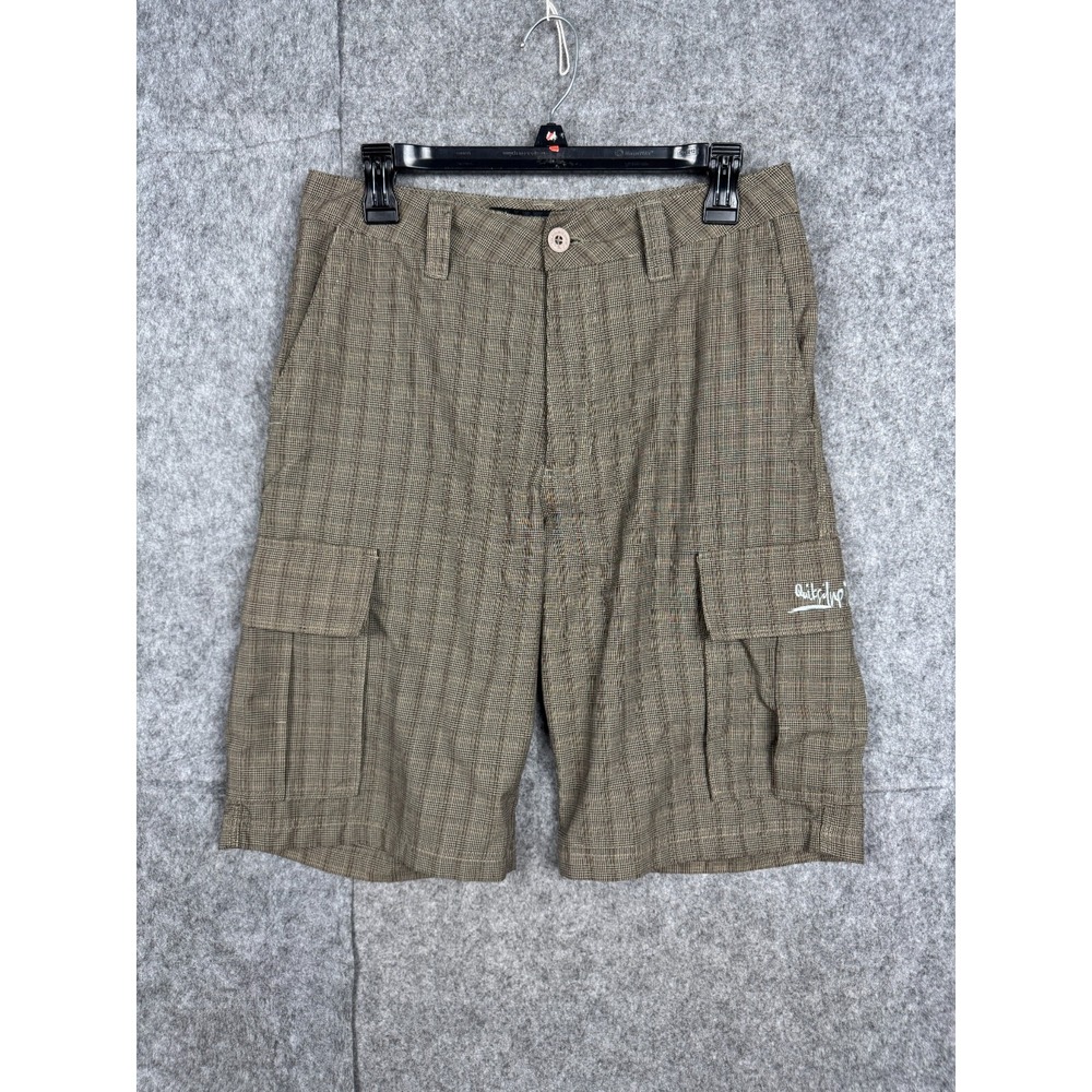 Quiksilver Cargo Shorts Men's 30" Beige Plaid Embroidered Y2K Poly Blend